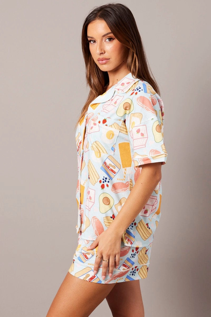 Blue Print Pj Set Novelty Graphic Print 2 Piece Jersey Set