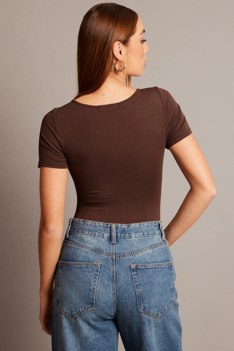 Brown Bodysuit Short Sleeve Square Neck Modal
