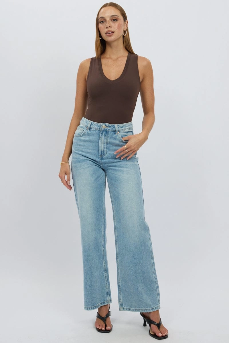 Brown Bodysuit Sleeveless V Neck
