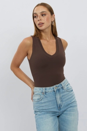 Brown Bodysuit Sleeveless V Neck