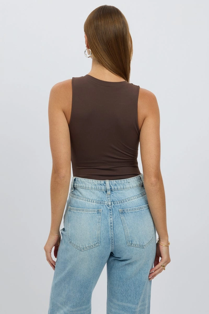 Brown Bodysuit Sleeveless V Neck