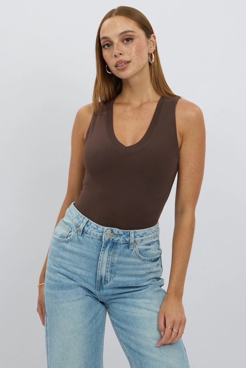 Brown Bodysuit Sleeveless V Neck