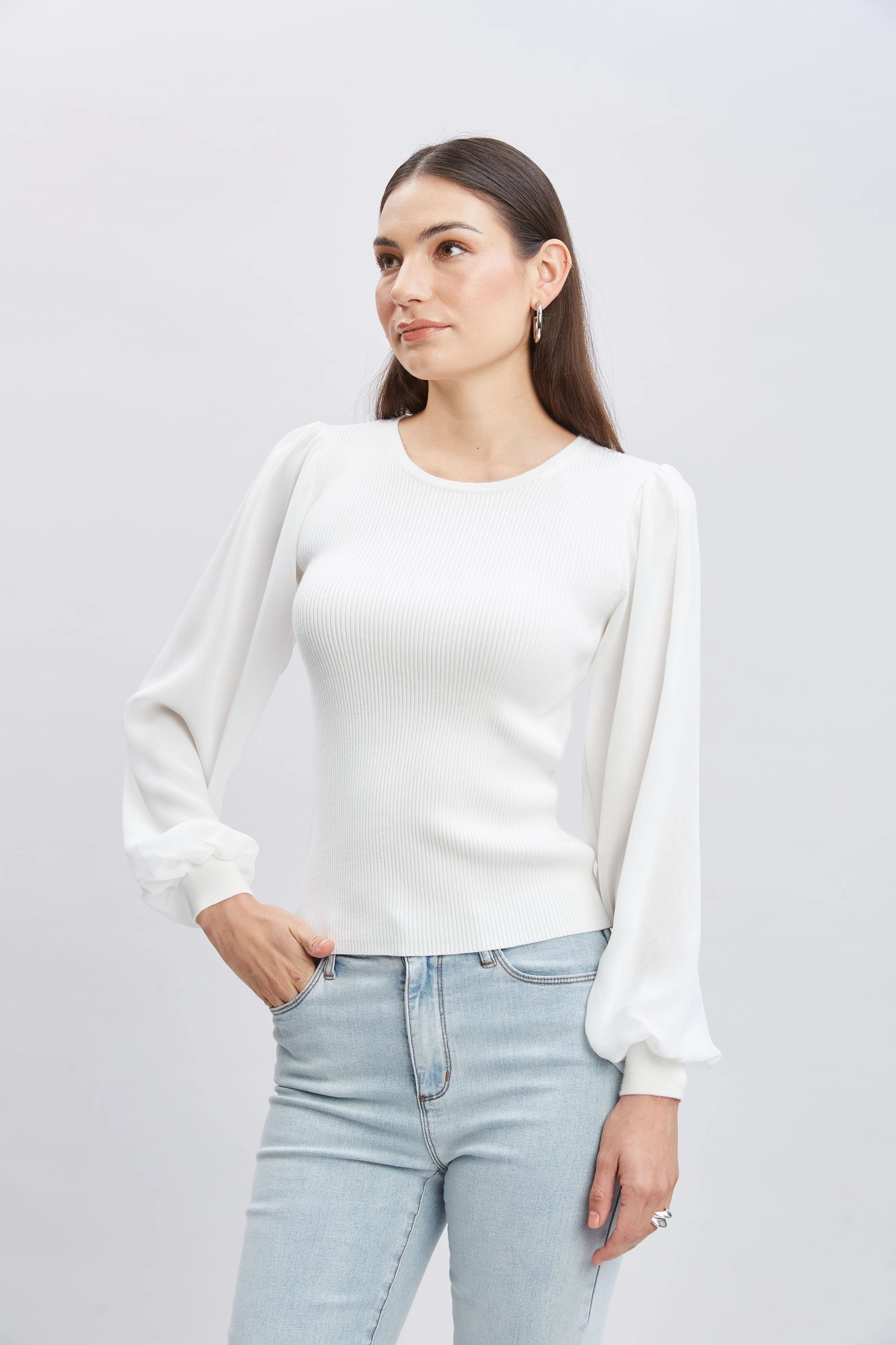 Chiffon Sleeve Rib Sweater