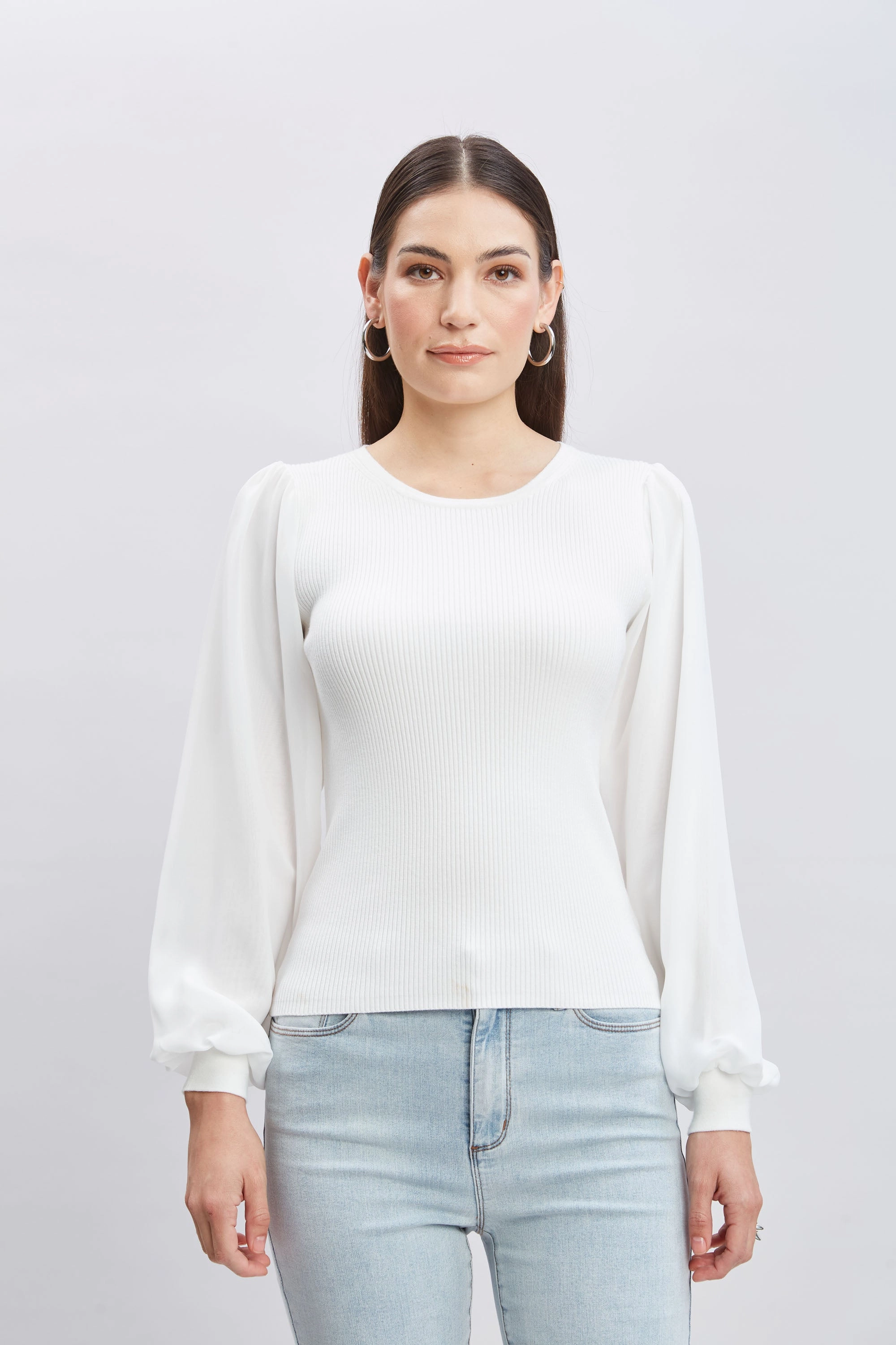 Chiffon Sleeve Rib Sweater