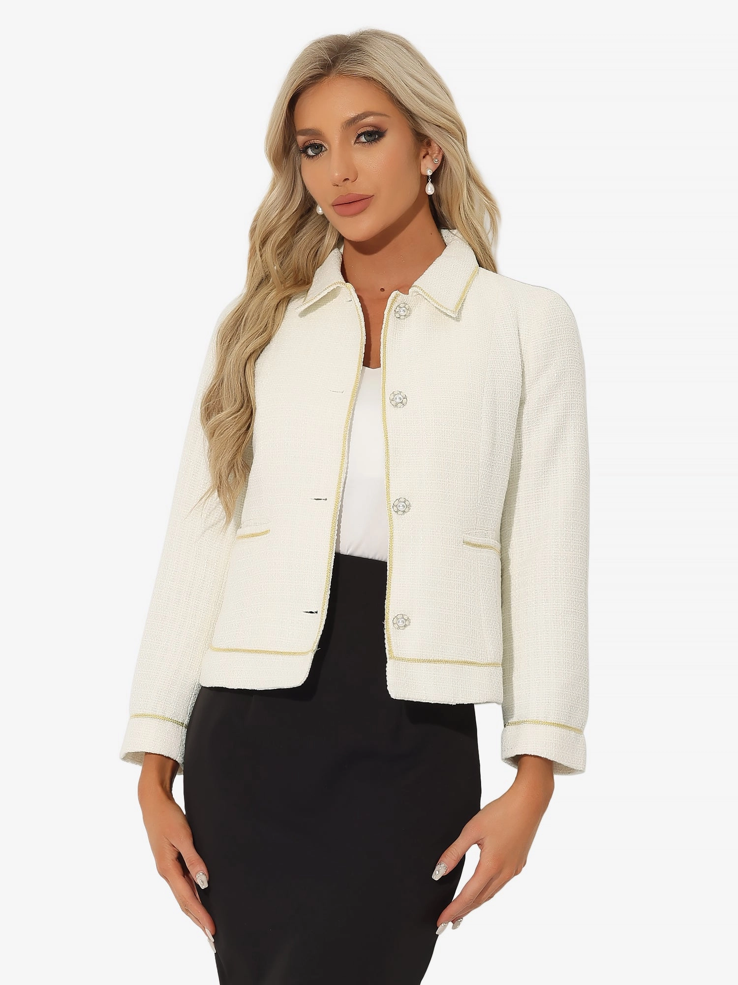 Collared Long Sleeve Contrast Trim Button Down Work Short Jacket