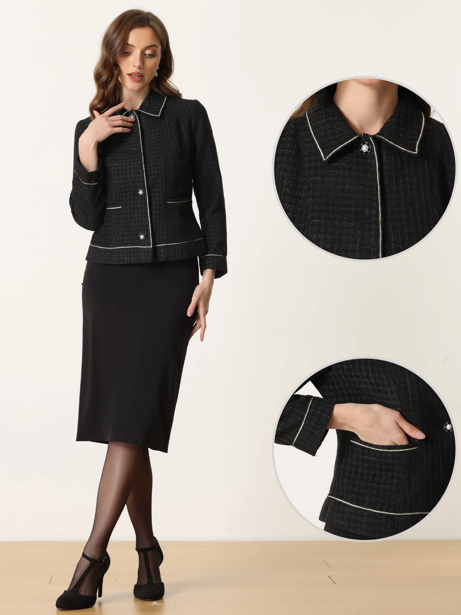 Collared Long Sleeve Contrast Trim Button Down Work Short Jacket