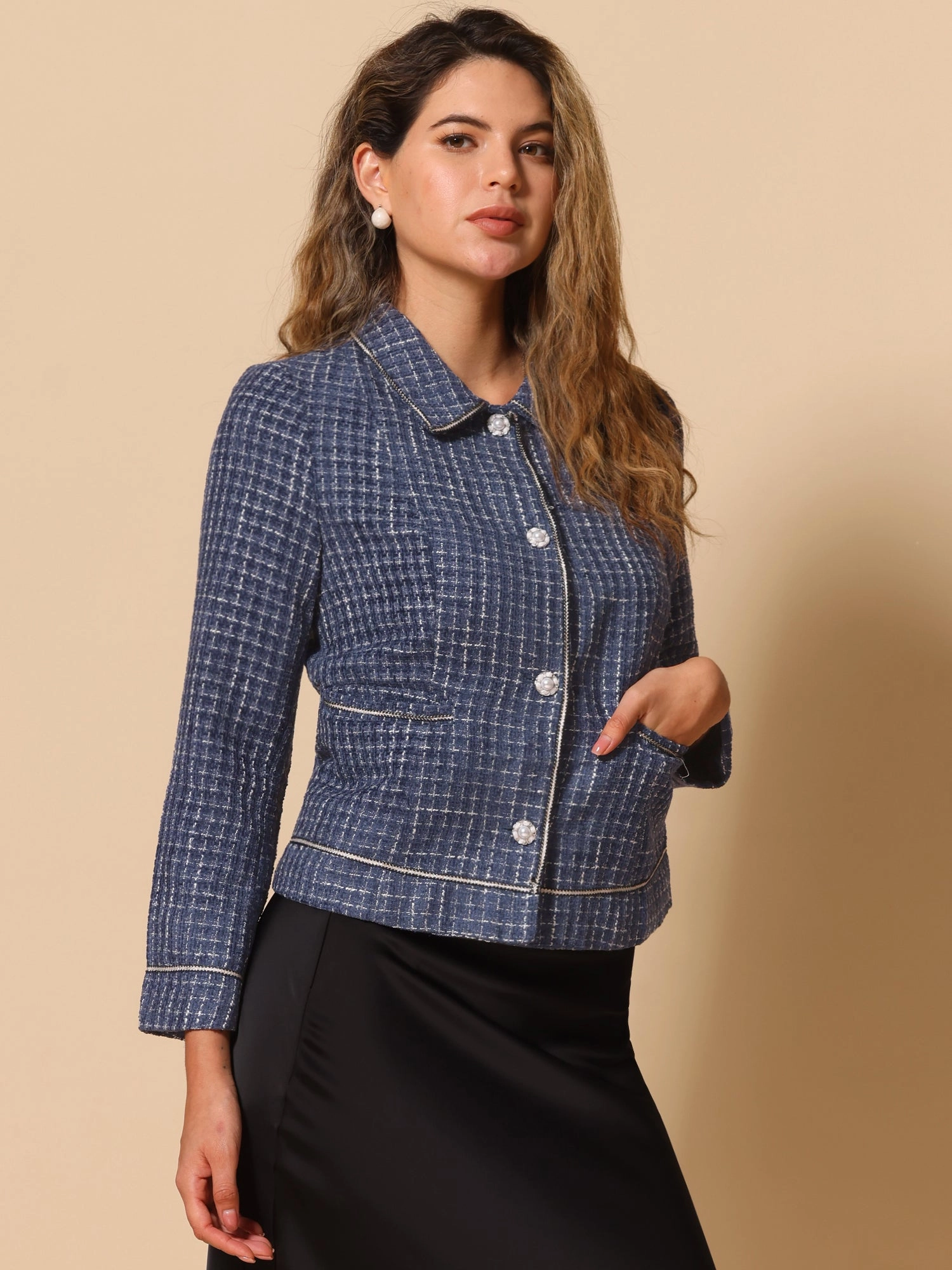 Collared Long Sleeve Contrast Trim Button Down Work Short Jacket