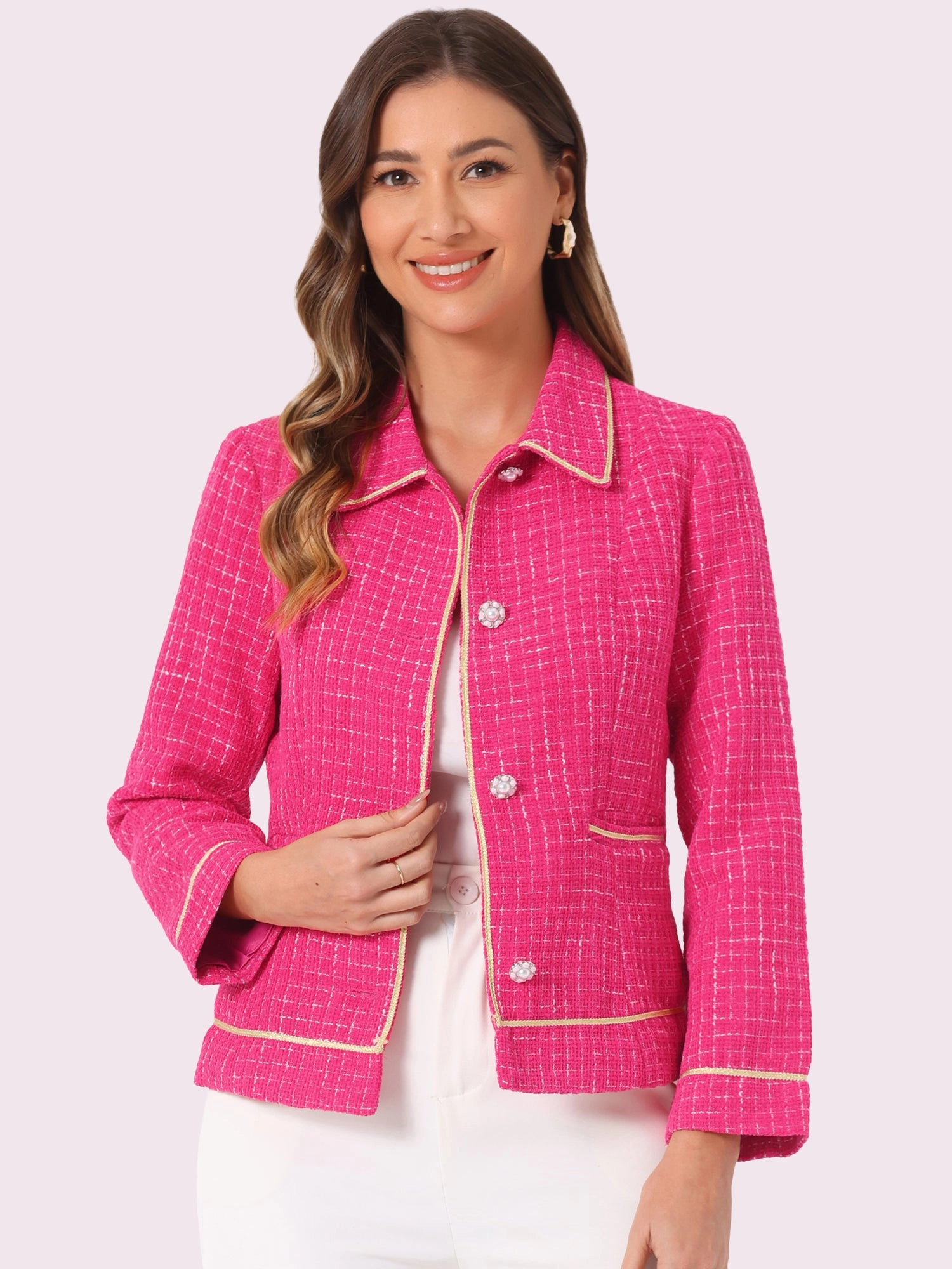 Collared Long Sleeve Contrast Trim Button Down Work Short Jacket