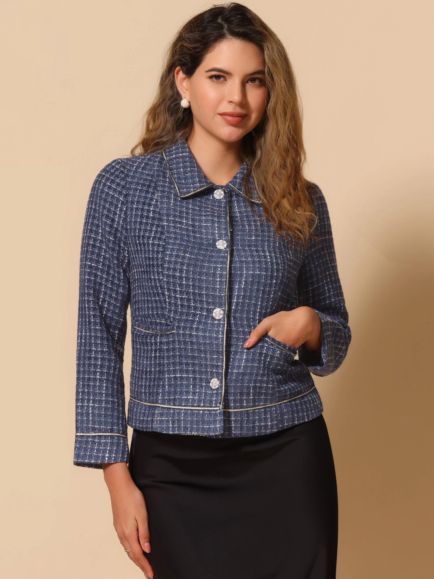 Collared Long Sleeve Contrast Trim Button Down Work Short Jacket