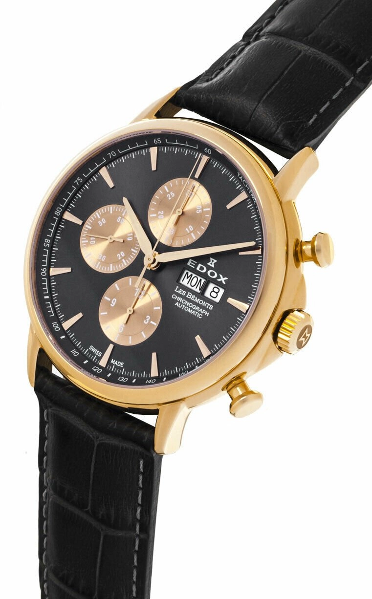Edox Mens 01120-37R-GIR Les Bemonts Chronograph Automatic Stainless Steel Analog Display Day/Date Watch with Black Leather Strap
