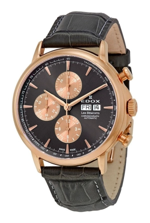 Edox Mens 01120-37R-GIR Les Bemonts Chronograph Automatic Stainless Steel Analog Display Day/Date Watch with Black Leather Strap