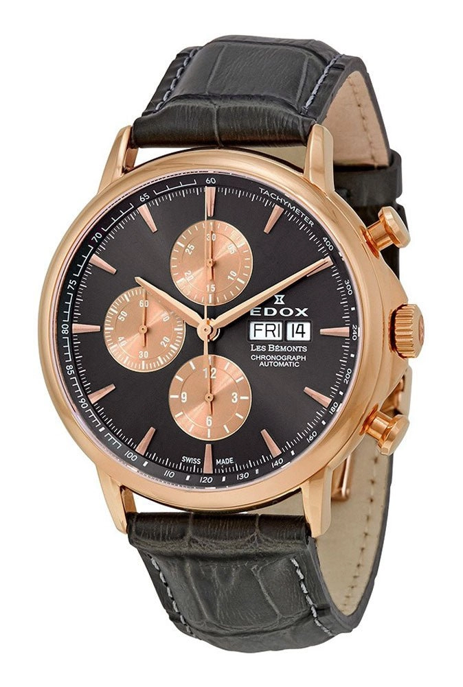 Edox Mens 01120-37R-GIR Les Bemonts Chronograph Automatic Stainless Steel Analog Display Day/Date Watch with Black Leather Strap