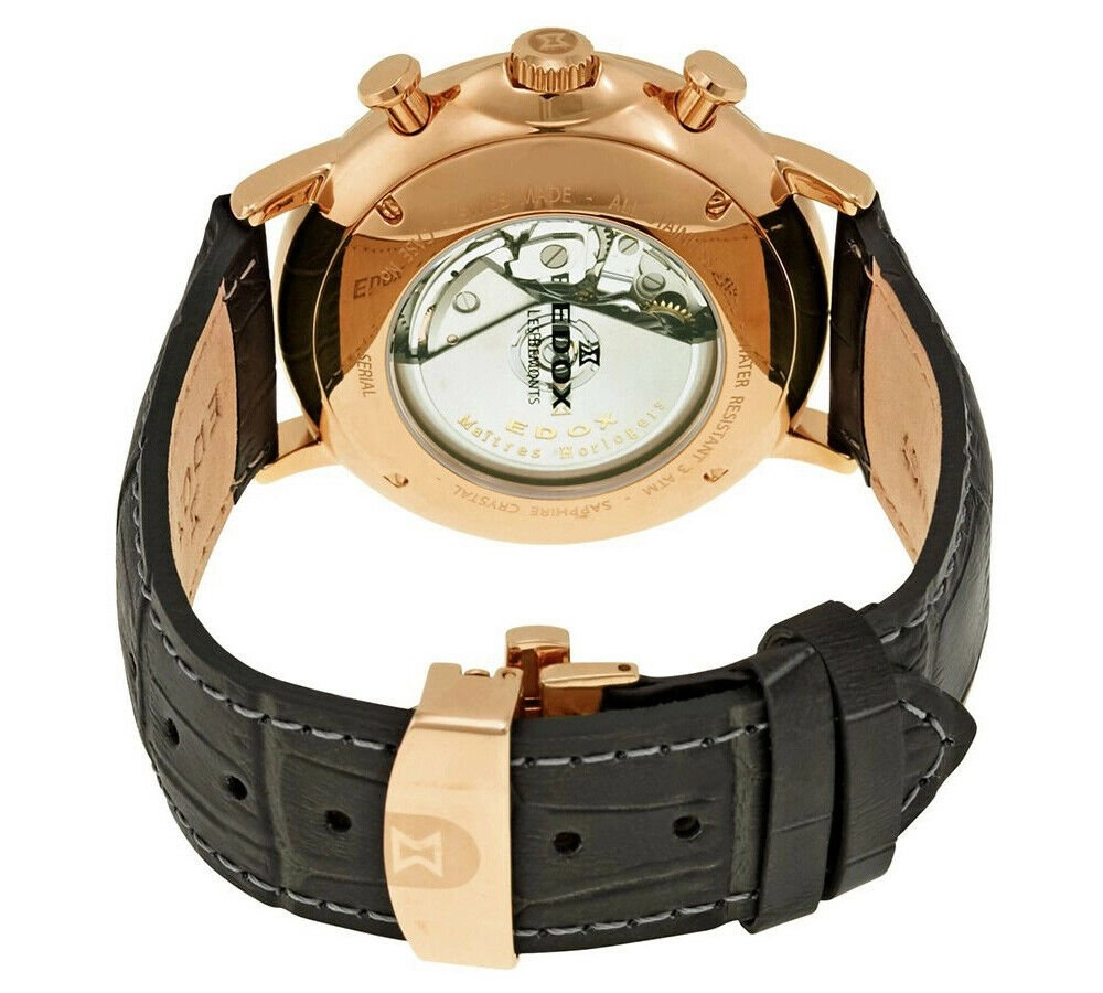 Edox Mens 01120-37R-GIR Les Bemonts Chronograph Automatic Stainless Steel Analog Display Day/Date Watch with Black Leather Strap