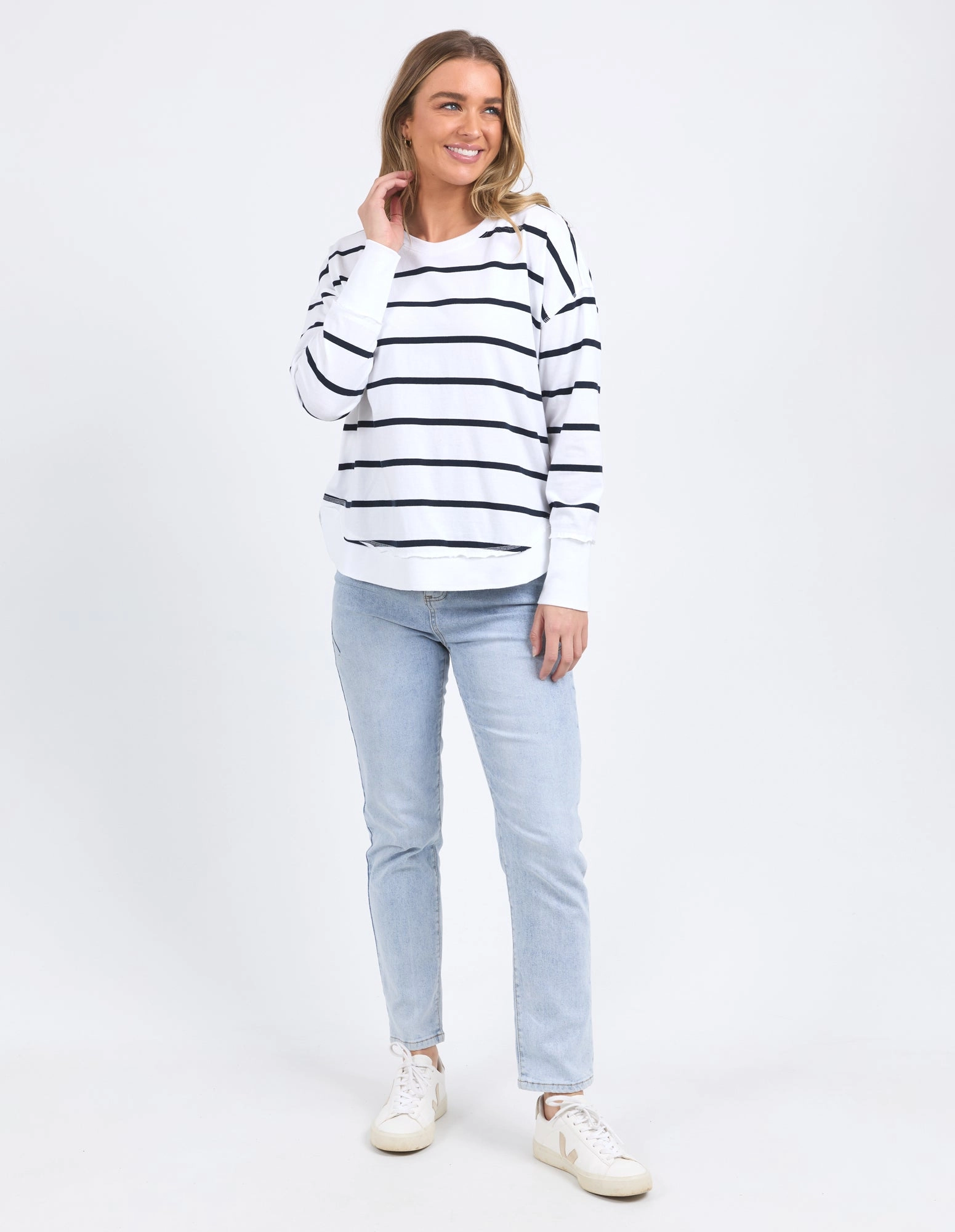 Foxwood Farrah Stripe Long Sleeve White/Navy Stripe
