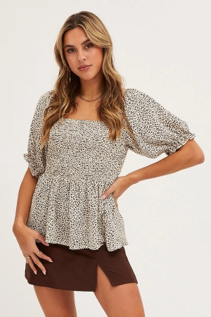 Geo Print Puff Sleeve Shirred Top