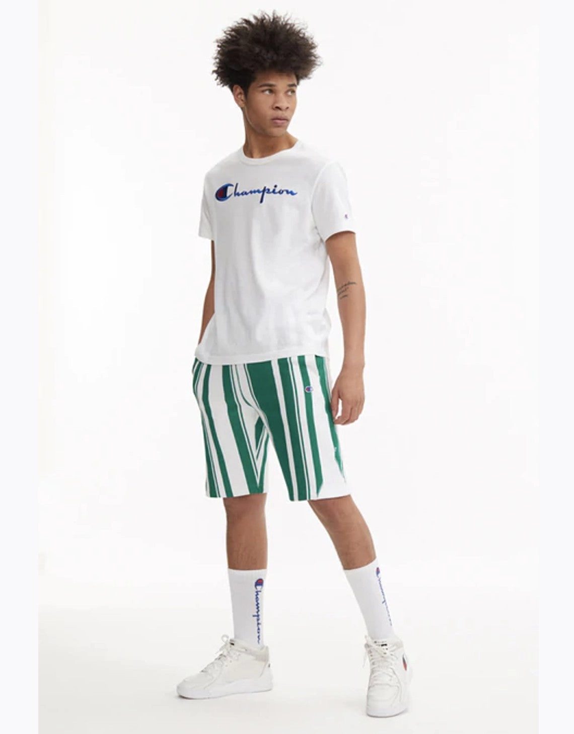 GRAPHIC STRIPE REVERSE WEAVE SHORTS WHITE/GREEN STRIPES