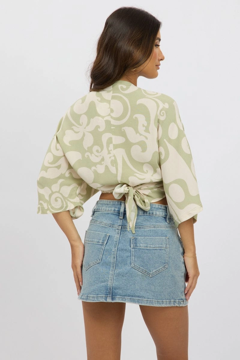 Green Abstract Tie Up Bolero Short Sleeve