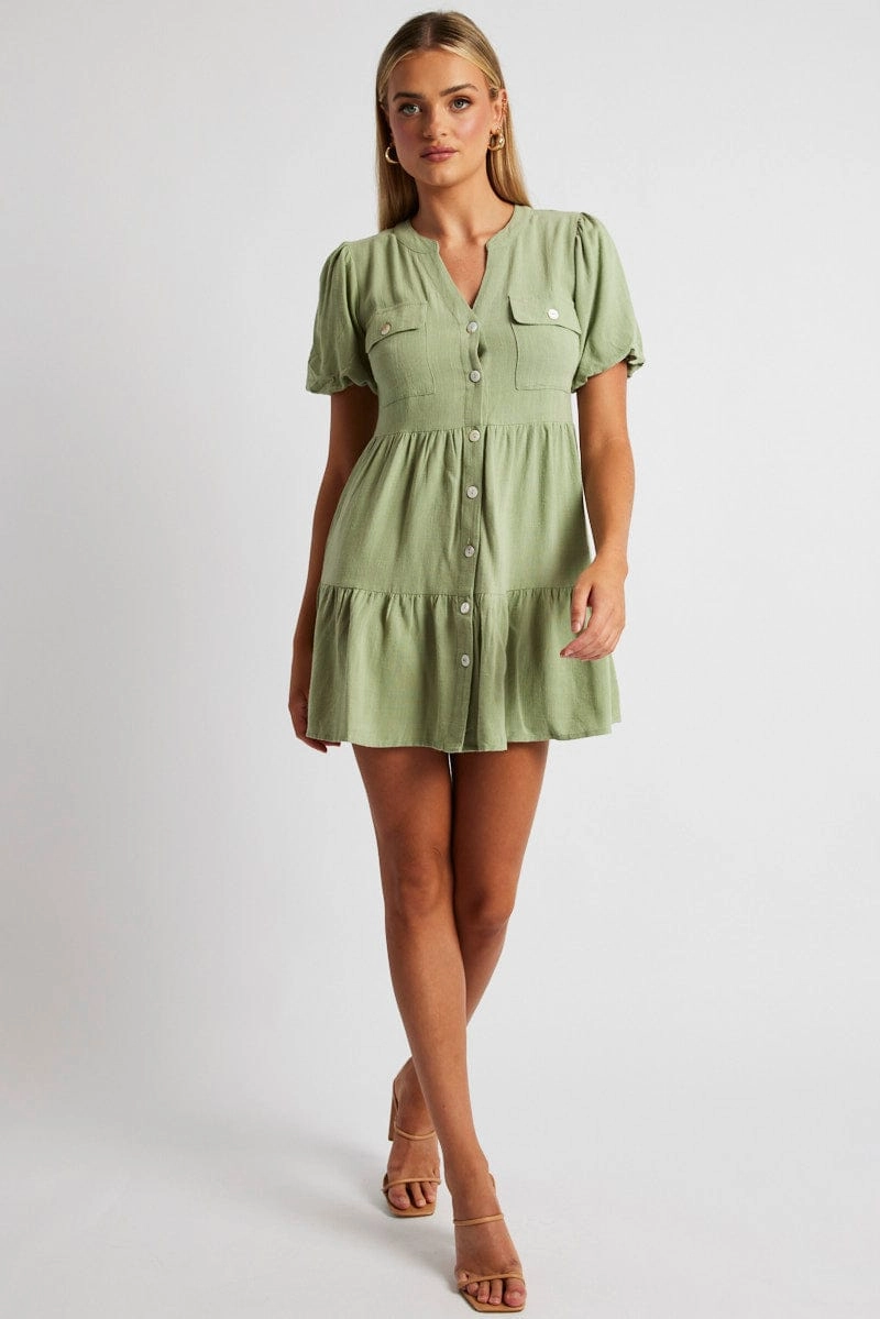 Green Button Through Mini Dress Collar Linen Blend