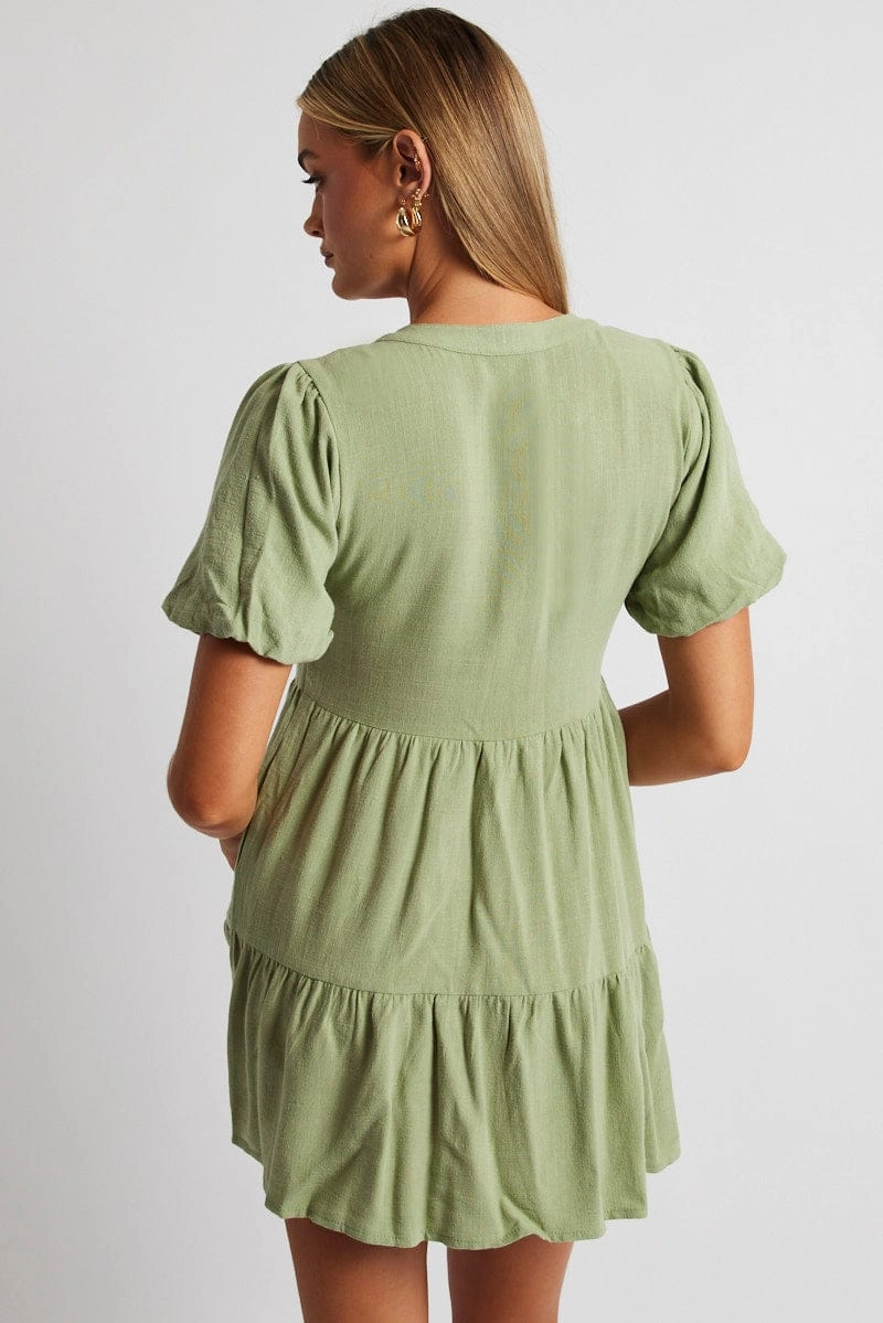 Green Button Through Mini Dress Collar Linen Blend