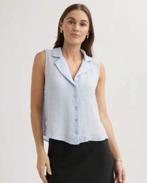 Linen Sleeveless Notch Collar Button Down - Perennial Blue