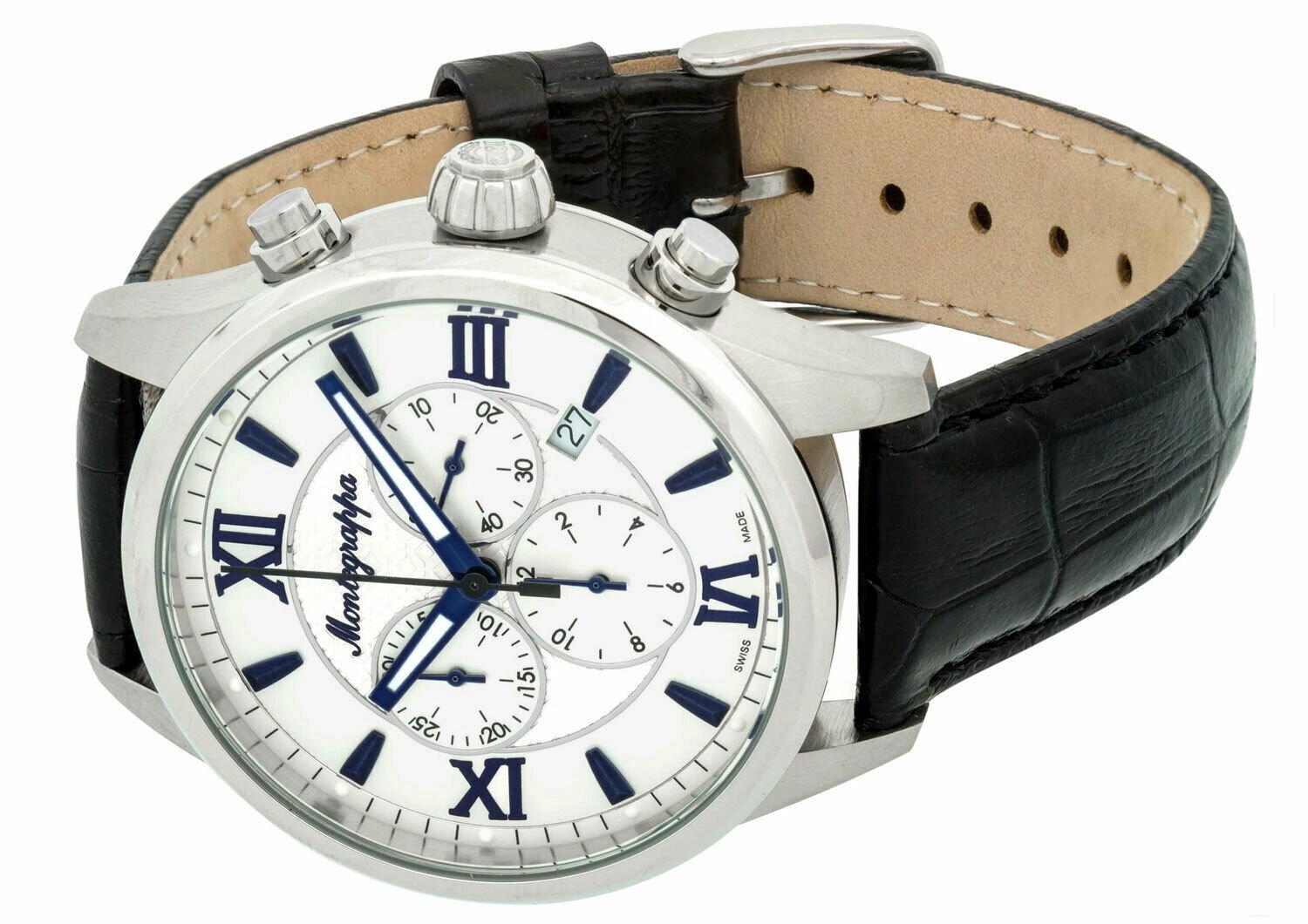 Montegrappa Fortuna Chronograph Date White Dial Black Leather Strap Quartz Men's Watch IDFOWCLB