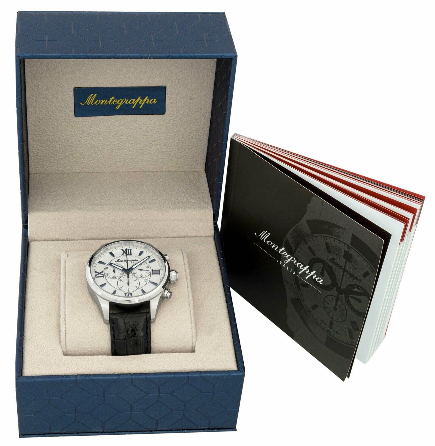 Montegrappa Fortuna Chronograph Date White Dial Black Leather Strap Quartz Men's Watch IDFOWCLB