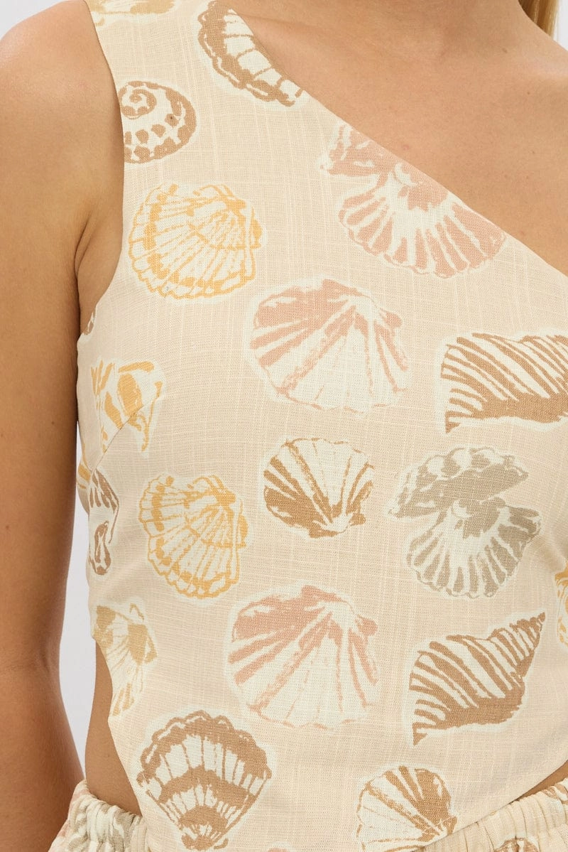 Multi Abstract Scarf Top One Shoulder Linen Blend
