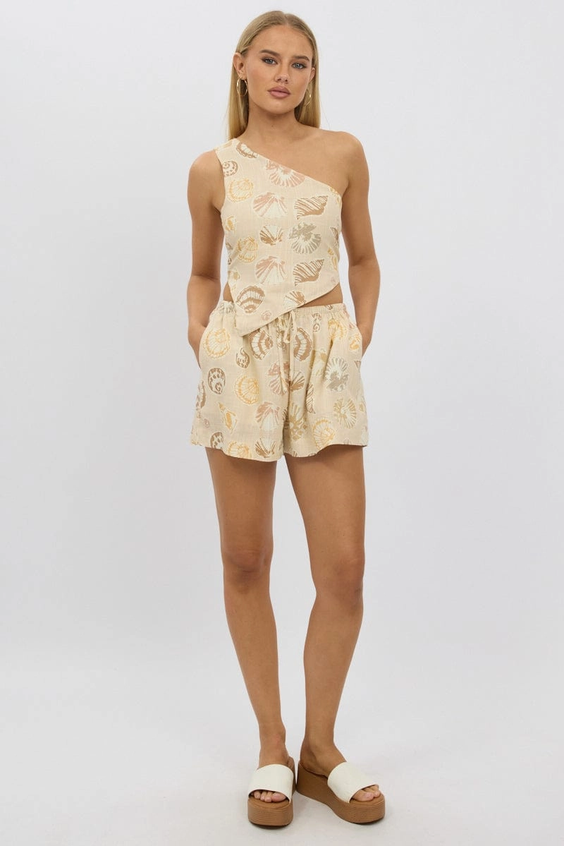 Multi Abstract Scarf Top One Shoulder Linen Blend