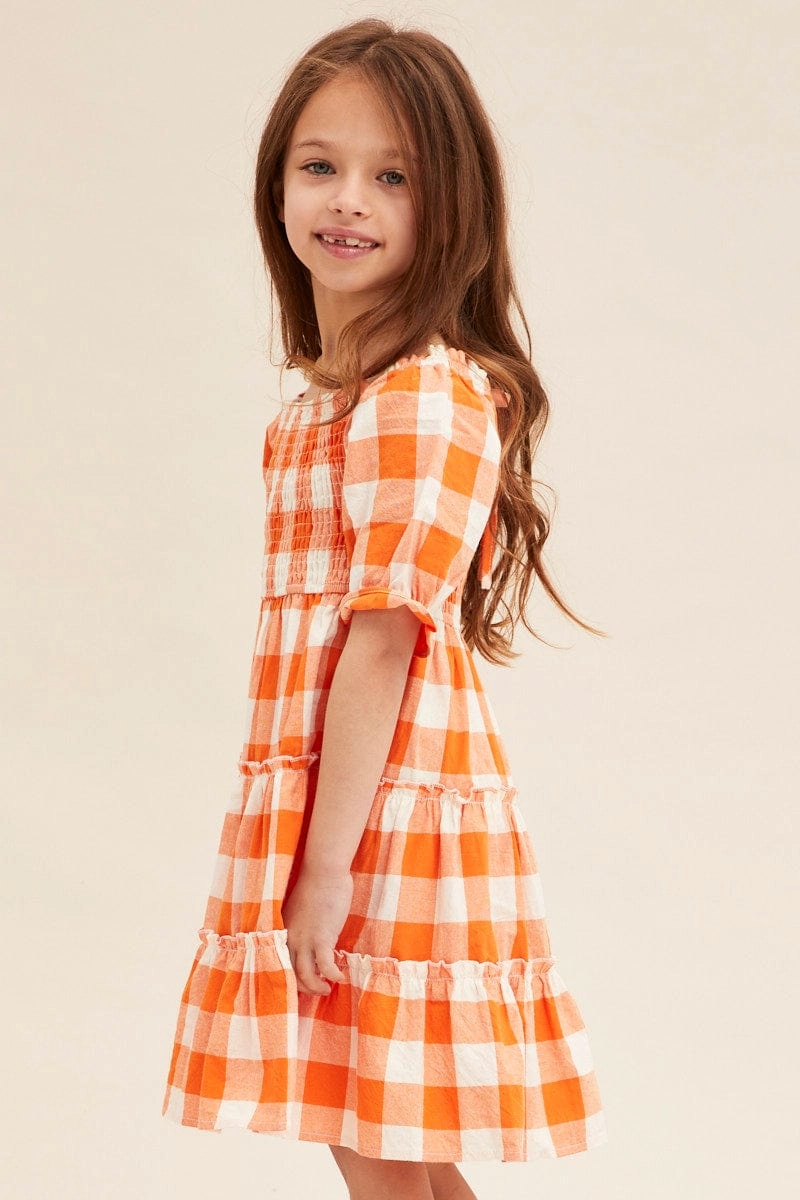 Orange Check Kids Midi Dress Short Sleeve Square Neck