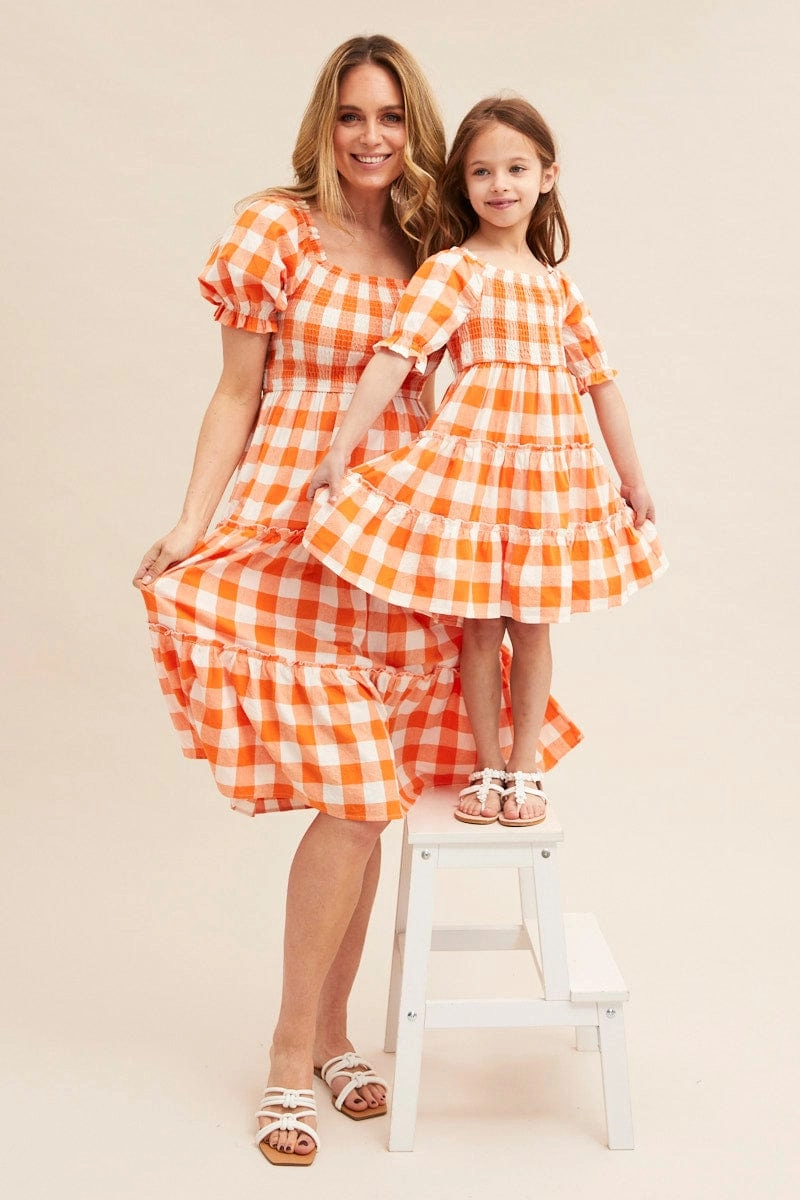 Orange Check Kids Midi Dress Short Sleeve Square Neck