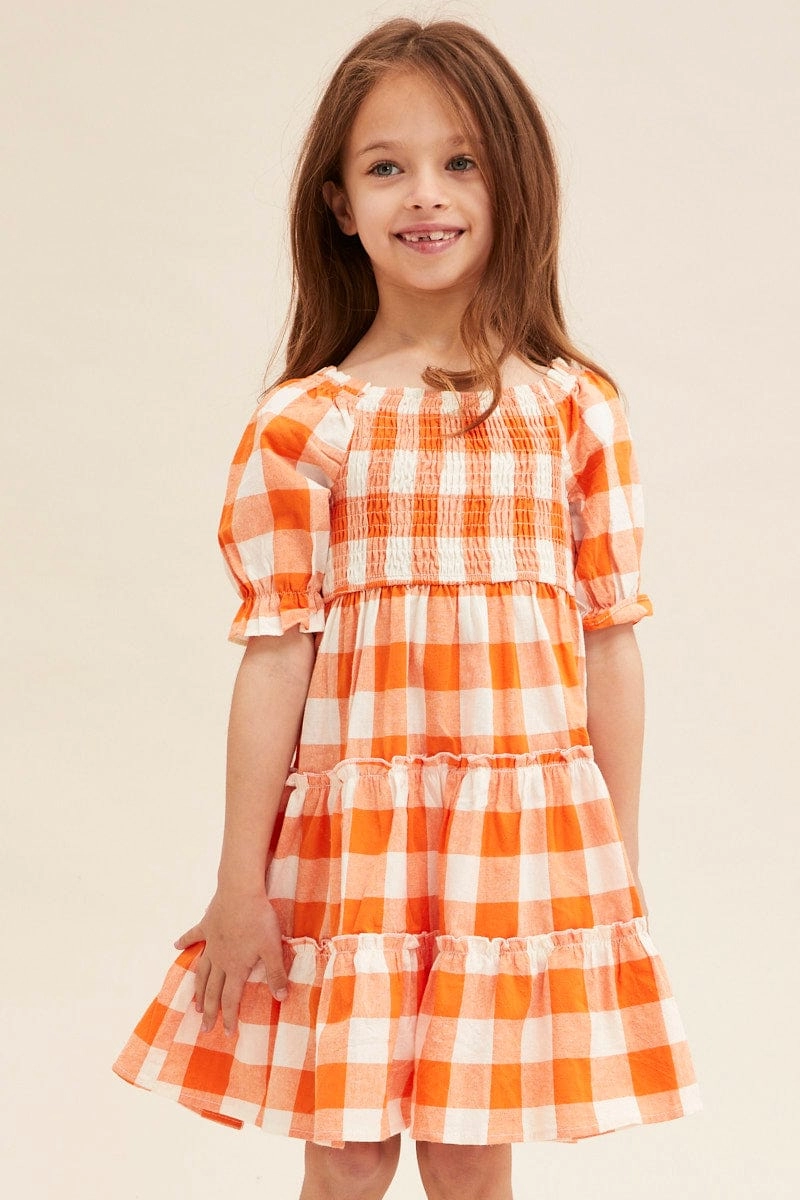 Orange Check Kids Midi Dress Short Sleeve Square Neck