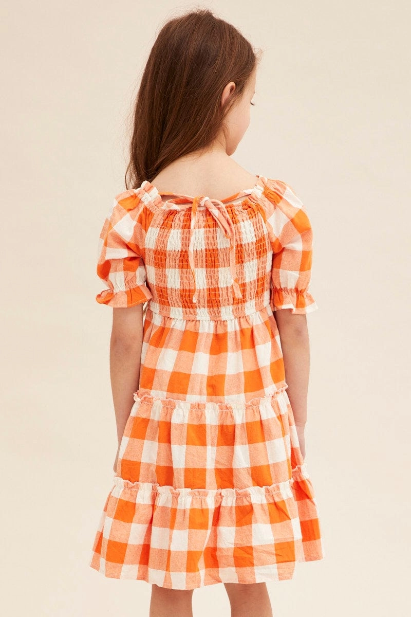 Orange Check Kids Midi Dress Short Sleeve Square Neck