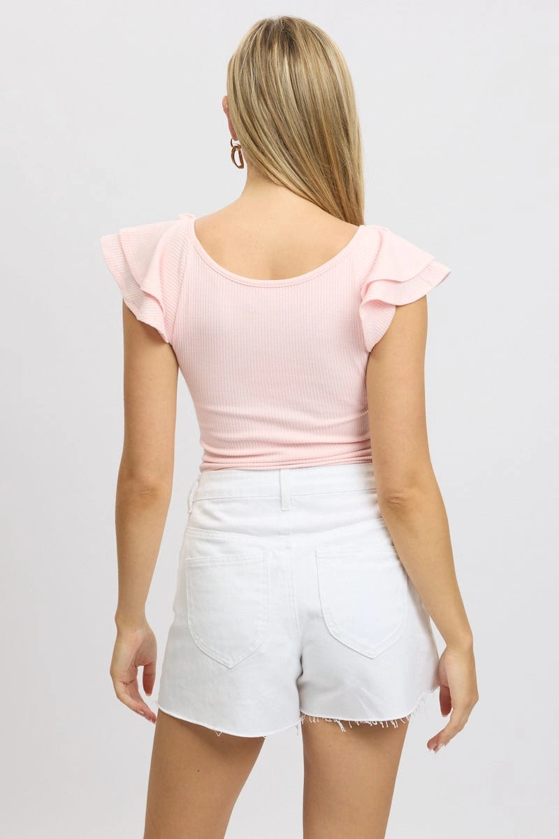 Pink Bodysuit Ruffle Sleeve Textured