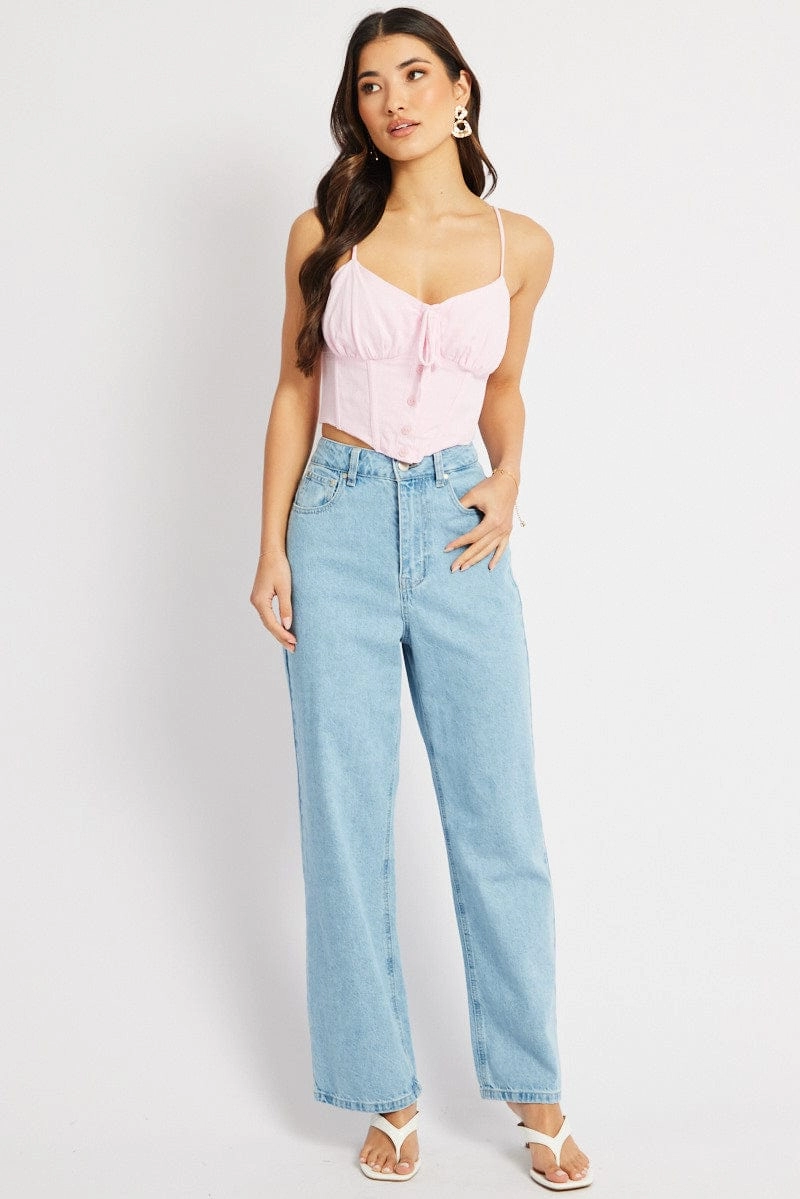 Pink Cami Top Sleeveless Corset Linen Blend
