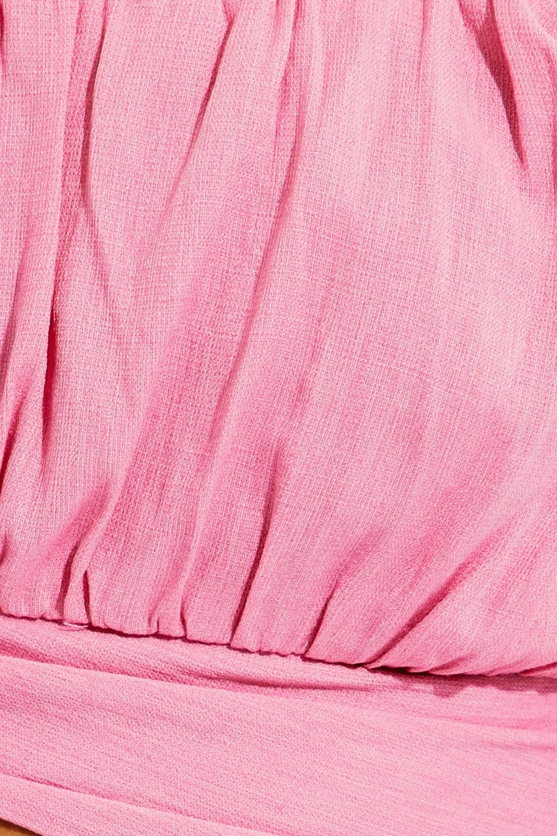 Pink Crop Top Short Sleeve Sweetheart Neckline Tie Back