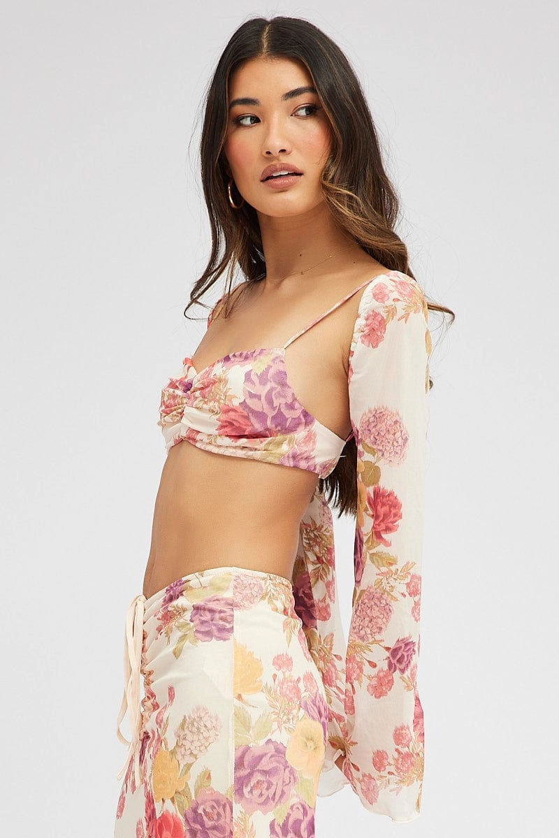 Pink Floral Top Long Sleeve Sweetheart Crop Bralette Mesh
