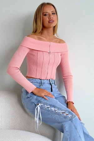 Pink Knit Top Long Sleeve Off Shoulder Zip Front