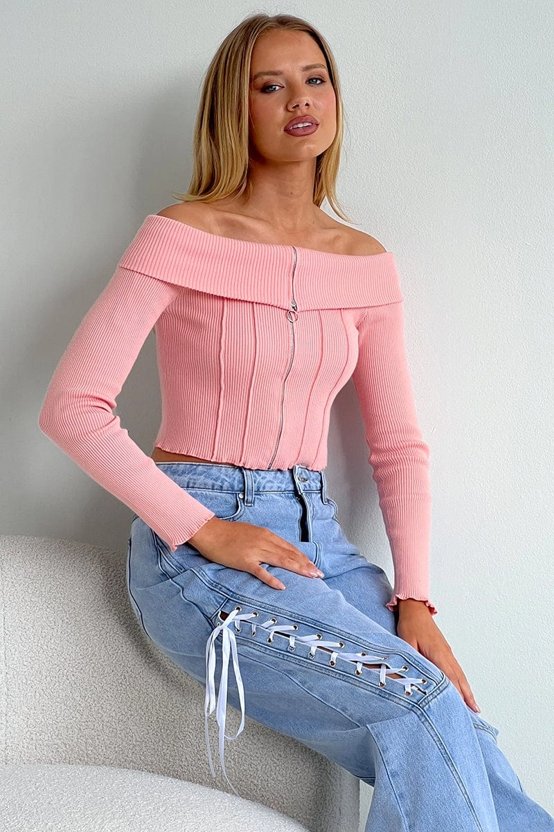 Pink Knit Top Long Sleeve Off Shoulder Zip Front