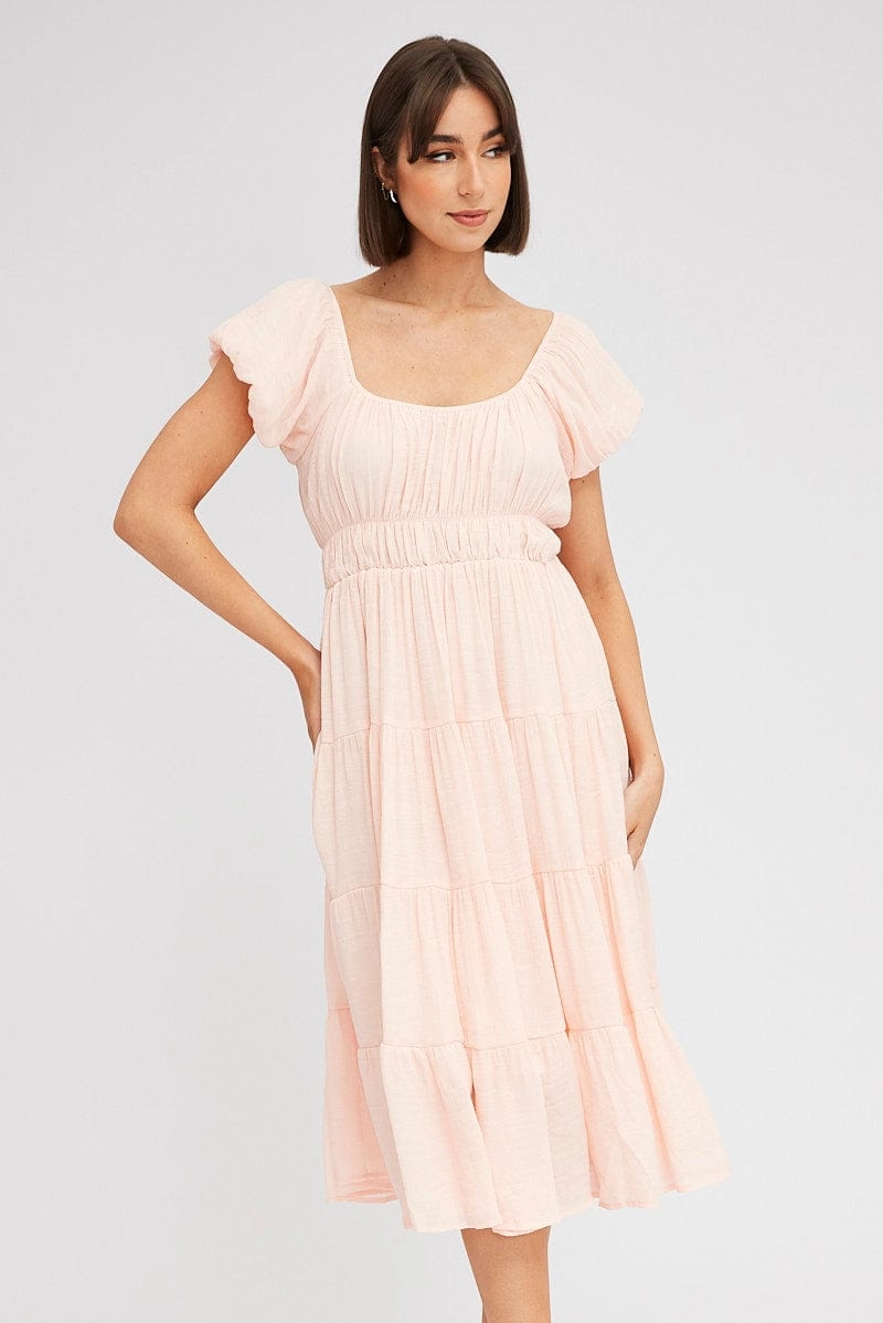 Pink Midi Dress Short Sleeve Ruched