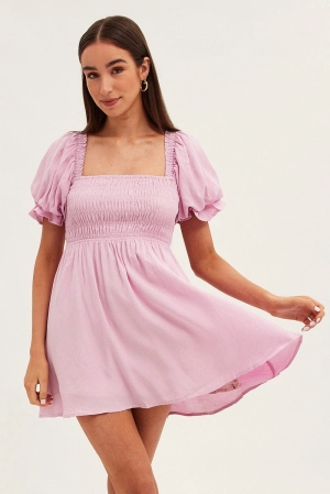 Pink Skater Dress Square Neck Short Sleeve
