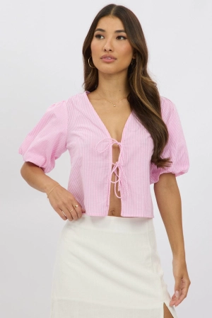 Pink Stripe Front Tie Top Puff Short Sleeve