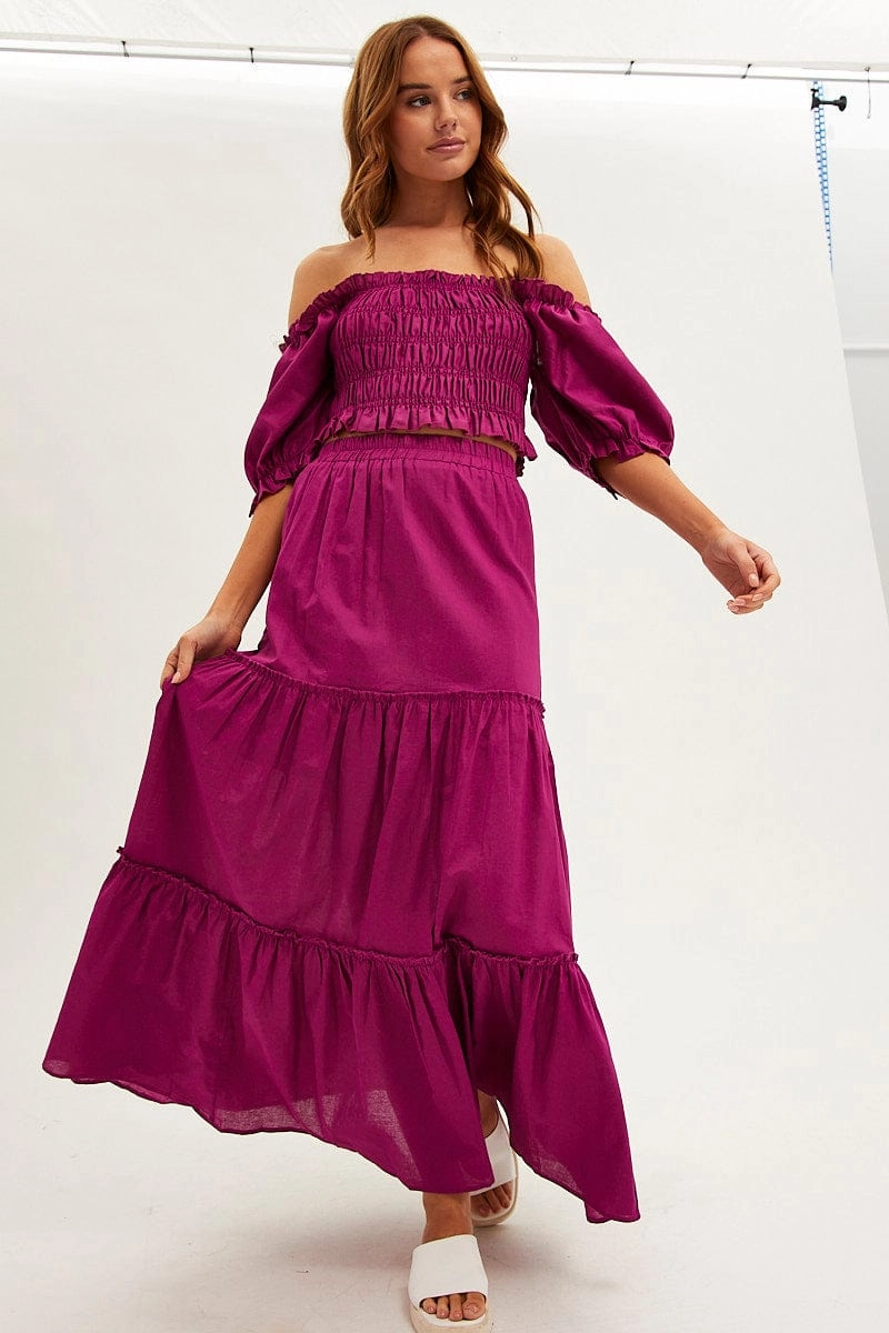 Purple Crop Top Short Sleeve Square Neck Linen Blend