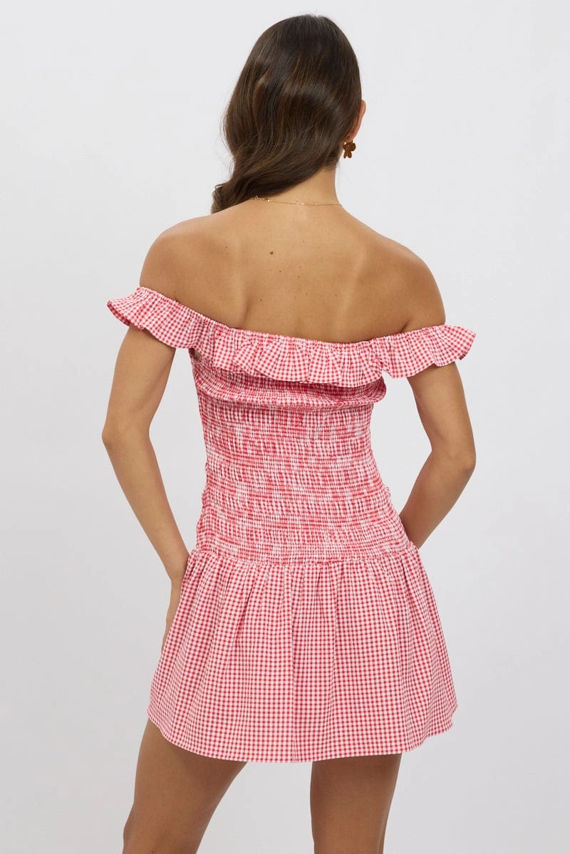 Red Check Shirred Mini Dress