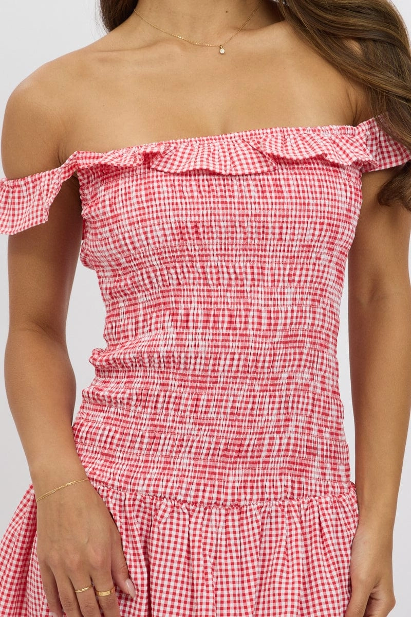 Red Check Shirred Mini Dress