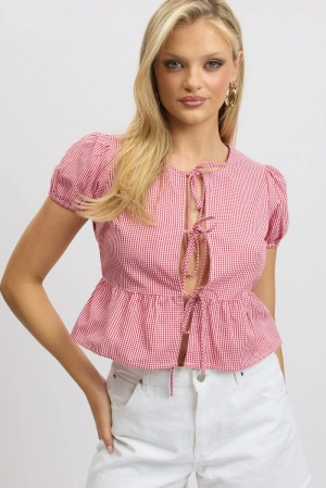 Red Check Tie Front Top Puff Sleeve