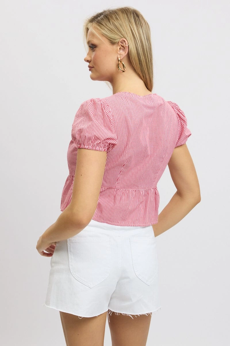 Red Check Tie Front Top Puff Sleeve