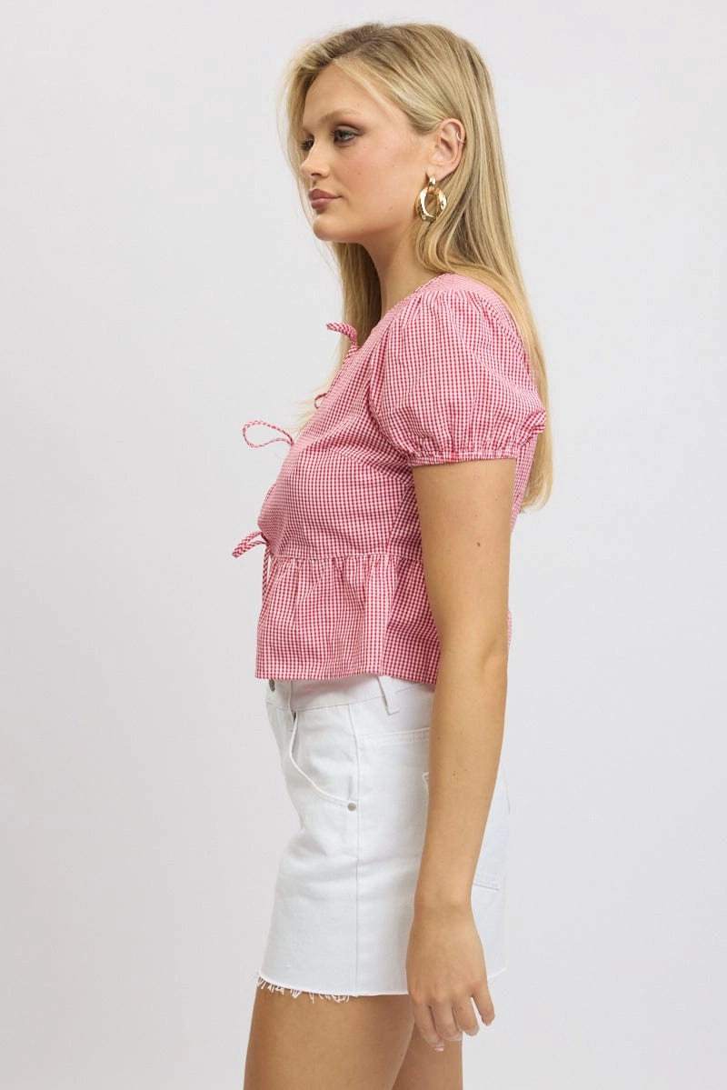 Red Check Tie Front Top Puff Sleeve