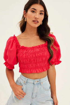 Red Crop Top Short Sleeve Square Neck Linen Blend