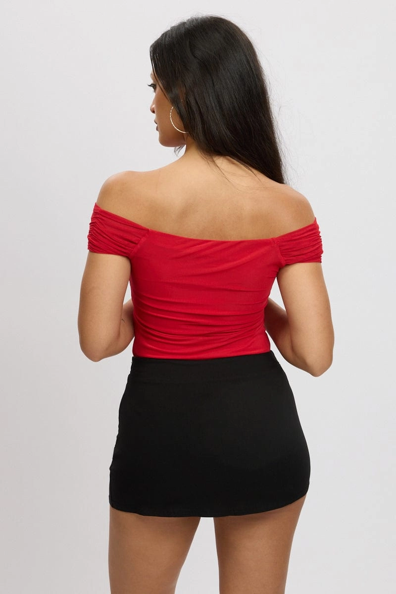 Red Off Shoulder Bodysuit Mesh