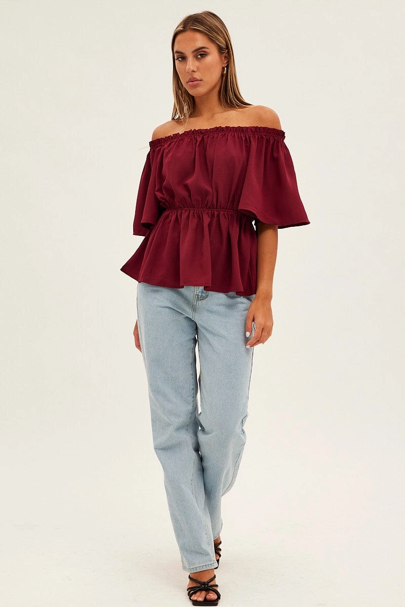 Red Top Short Sleeve Off Shoulder Longline Flutter